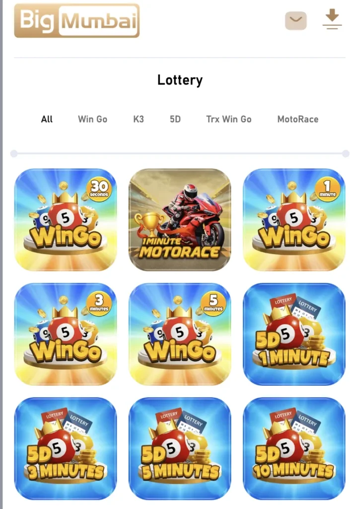 Big Mumbai Game App showing WinGo, 5D and MotoRace lottery games